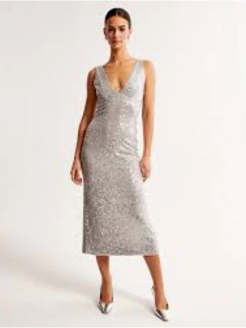 Abercrombie & Fitch Silver Sequin V-Neck Madi Dress NWOT Open Back Vegas Sz M